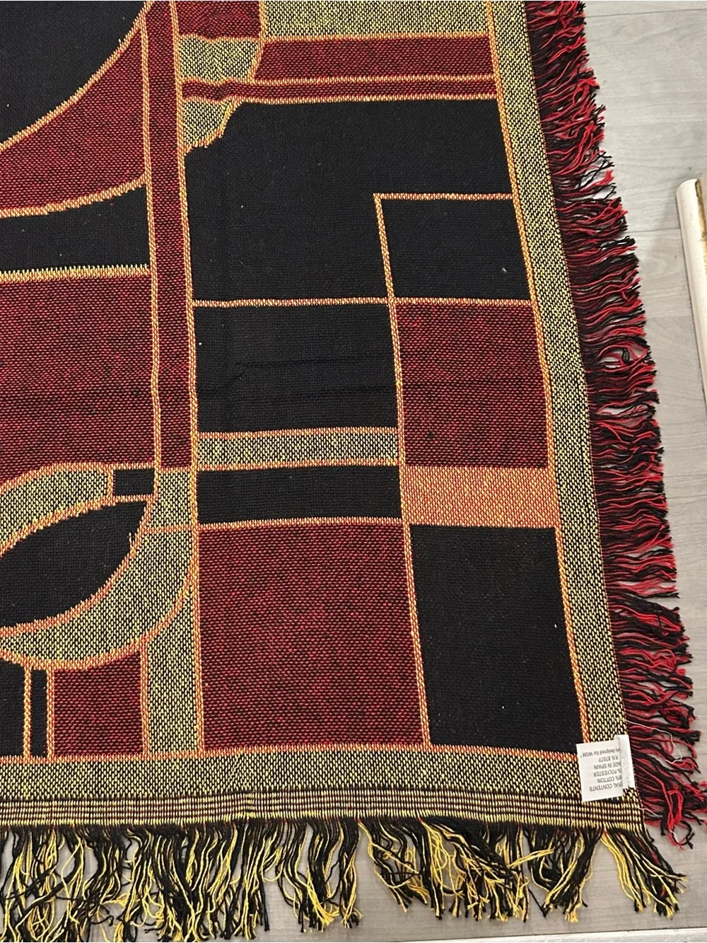 Vintage 90s WGM Abstract Geometric Tapestry Throw Woven Blanket Fringe 44x52
